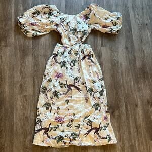 NWT H&M Voluminous Cut-Out Floral Puff Sleeve Linen Dress Size XS
